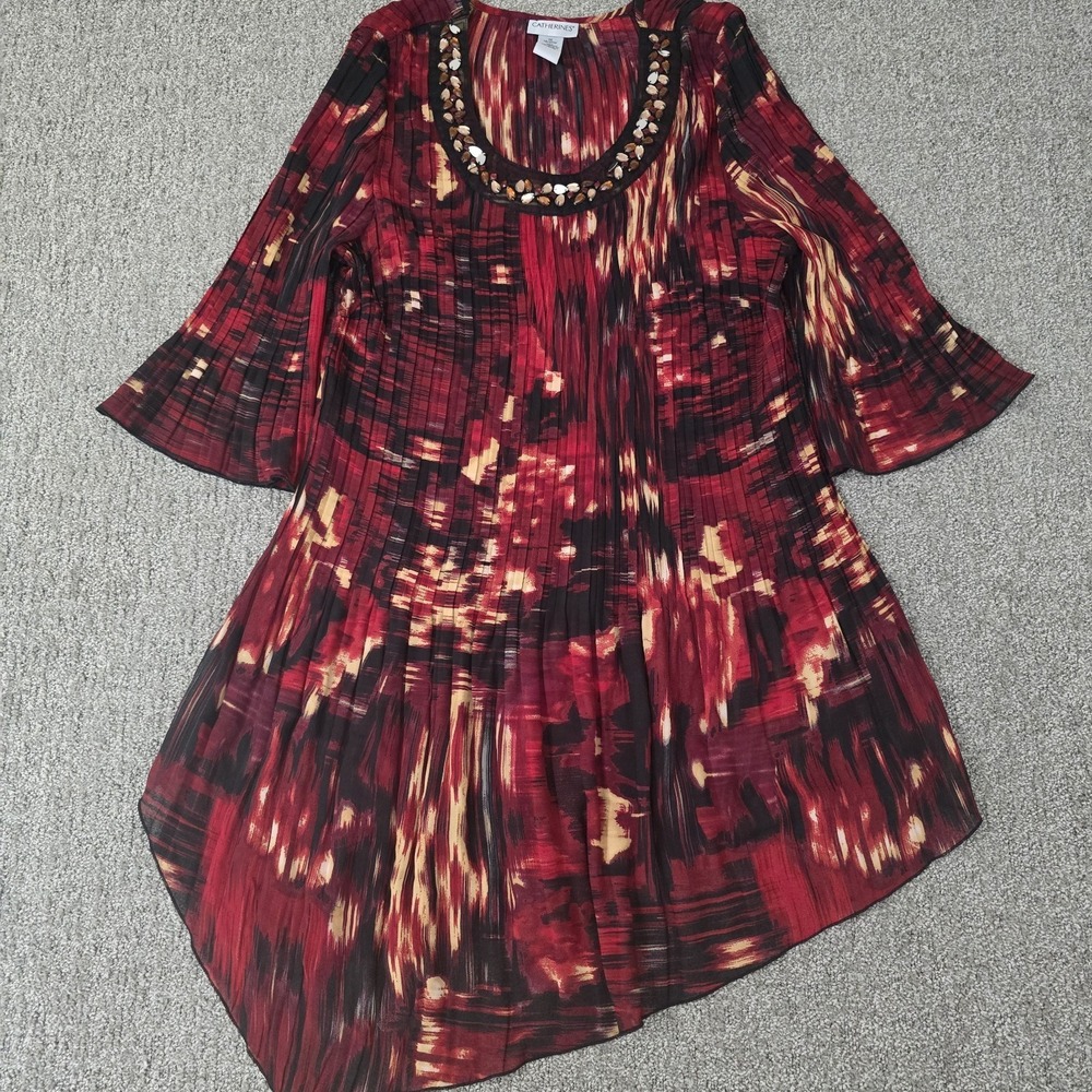 Catherines Red Plisse Pleated Tunic Top Dress‎  1X Embellished Jewel Plus Size